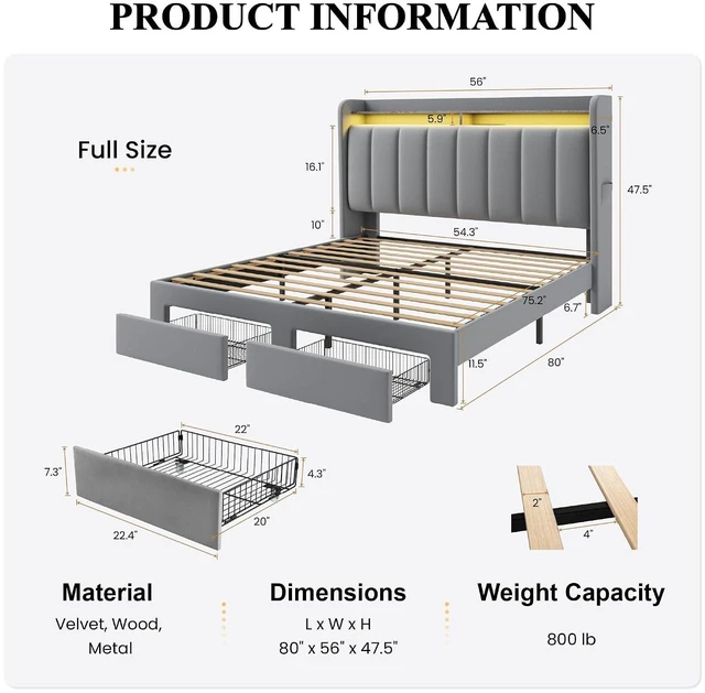 Alt view image 2 of 7 - Velvet Full Size Bed Frame with Vertical Channel Tufted Wingback Headboard & 2 Storage Drawers/2-Tier Shelves with LED Lights & Charging Station/Noise-Free/No Box Spring Needed/Light Grey
