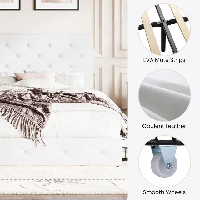 Alt view image 7 of 7 - Upholstered Queen Platform Storage Bed Frame with 4 Drawers, Adjustable Headboard with Faux Leather Diamond Button Tufted Design, Wooden Slat Support, No Box Spring Needed, White