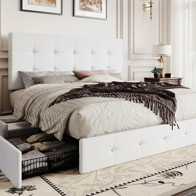 Main image of Queen Platform Bed Frame with 4 Oversized Storage Drawers, Adjustable Headboard with Velvet Upholstery, Square Button Tufted Design, Wooden Slat Support, No Box Spring Needed, White