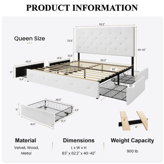 Alt view image 2 of 7 - Queen Platform Bed Frame with 4 Oversized Storage Drawers, Adjustable Headboard with Velvet Upholstery, Diamond Button Tufted Design, Wooden Slat Support, No Box Spring Needed, White
