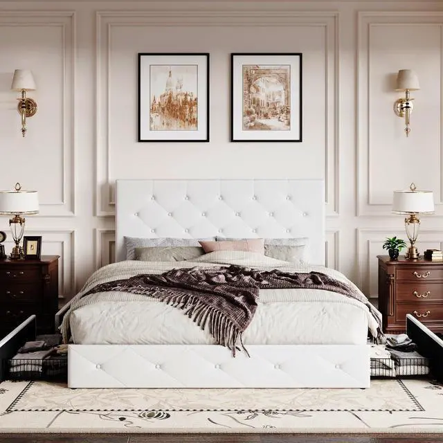 Alt view image 3 of 7 - Queen Platform Bed Frame with 4 Oversized Storage Drawers, Adjustable Headboard with Velvet Upholstery, Diamond Button Tufted Design, Wooden Slat Support, No Box Spring Needed, White
