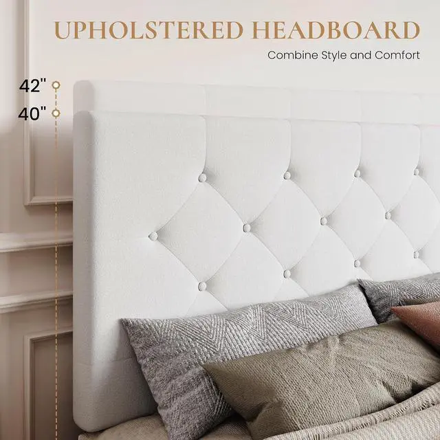 Alt view image 4 of 7 - Queen Platform Bed Frame with 4 Oversized Storage Drawers, Adjustable Headboard with Velvet Upholstery, Diamond Button Tufted Design, Wooden Slat Support, No Box Spring Needed, White