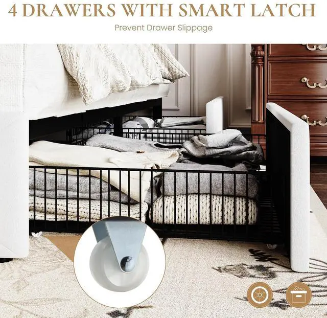 Alt view image 5 of 7 - Queen Platform Bed Frame with 4 Oversized Storage Drawers, Adjustable Headboard with Velvet Upholstery, Diamond Button Tufted Design, Wooden Slat Support, No Box Spring Needed, White