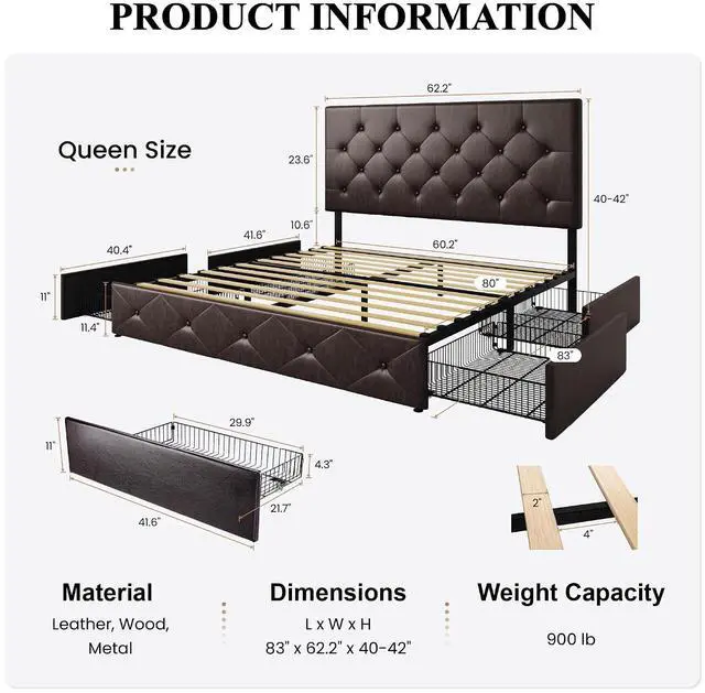 Alt view image 2 of 7 - Upholstered Queen Size Platform Bed Frame with 4 Storage Drawers, Adjustable Headboard with Diamond Stitched Button Tufted Design, Wooden Slat Support, No Box Spring Needed, Black Brown