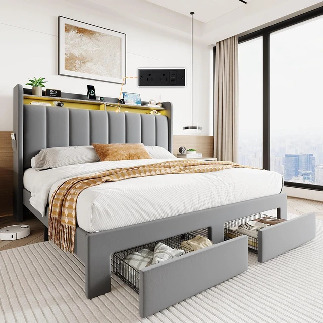 Main image of Velvet Queen Bed Frame with Vertical Channel Tufted Wingback Headboard & 2 Storage Drawers/2-Tier Shelves with LED Lights & Charging Station/Noise-Free/No Box Spring Needed/Light Grey