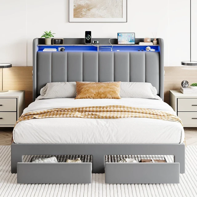 Alt view image 3 of 7 - Velvet Queen Bed Frame with Vertical Channel Tufted Wingback Headboard & 2 Storage Drawers/2-Tier Shelves with LED Lights & Charging Station/Noise-Free/No Box Spring Needed/Light Grey