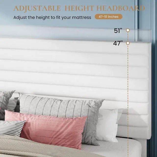Alt view image 4 of 7 - King Size Platform Bed Frame with Adjustable Headboard, Velvet Upholstered Bed with Under-Bed Storage, Modern Horizontal Channel Tufted, Wood Slats Support, No Box Spring Needed, White