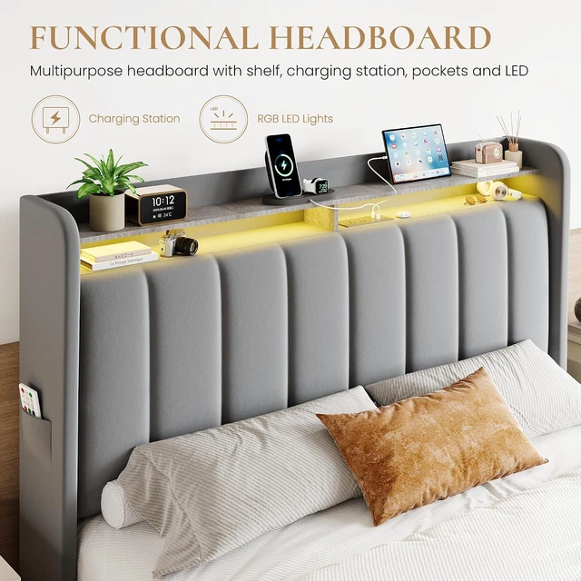 Alt view image 4 of 7 - Velvet Queen Bed Frame with Vertical Channel Tufted Wingback Headboard & 2 Storage Drawers/2-Tier Shelves with LED Lights & Charging Station/Noise-Free/No Box Spring Needed/Light Grey