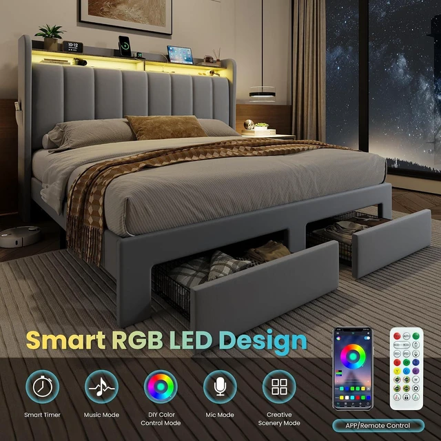 Alt view image 6 of 7 - Velvet Queen Bed Frame with Vertical Channel Tufted Wingback Headboard & 2 Storage Drawers/2-Tier Shelves with LED Lights & Charging Station/Noise-Free/No Box Spring Needed/Light Grey