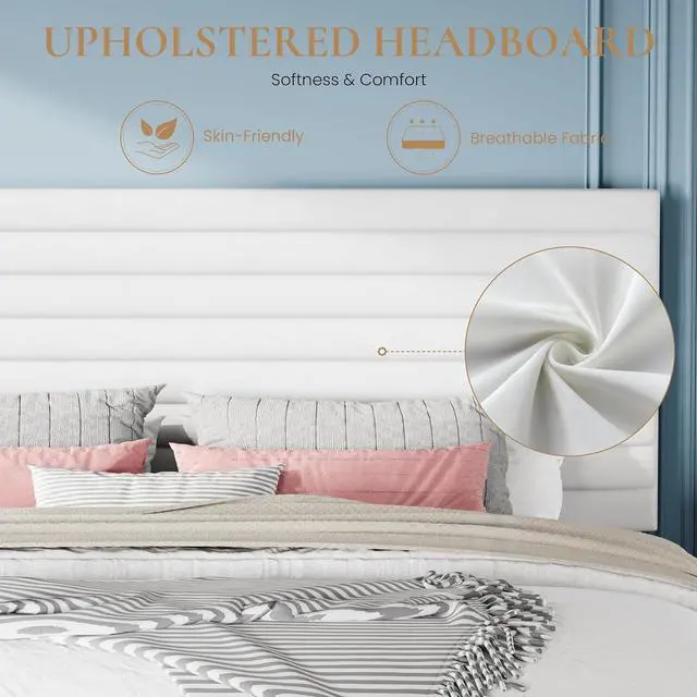 Alt view image 6 of 7 - King Size Platform Bed Frame with Adjustable Headboard, Velvet Upholstered Bed with Under-Bed Storage, Modern Horizontal Channel Tufted, Wood Slats Support, No Box Spring Needed, White