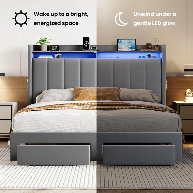 Alt view image 7 of 7 - Velvet Queen Bed Frame with Vertical Channel Tufted Wingback Headboard & 2 Storage Drawers/2-Tier Shelves with LED Lights & Charging Station/Noise-Free/No Box Spring Needed/Light Grey