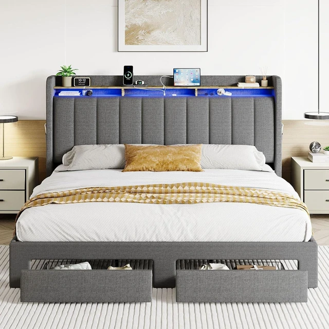 Alt view image 3 of 7 - King Size Platform Bed Frame with Vertical Channel Tufted Wingback Headboard & 2 Storage Drawers/2-Tier Shelves with LED Lights & Charging Station/Noise-Free/No Box Spring Needed/Dark Grey
