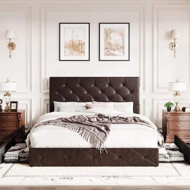 Alt view image 3 of 7 - Upholstered Queen Size Platform Bed Frame with 4 Storage Drawers, Adjustable Headboard with Diamond Stitched Button Tufted Design, Wooden Slat Support, No Box Spring Needed, Black Brown