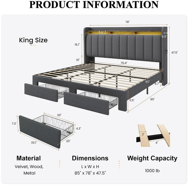 Alt view image 2 of 7 - King Size Platform Bed Frame with Vertical Channel Tufted Wingback Headboard & 2 Storage Drawers/2-Tier Shelves with LED Lights & Charging Station/Noise-Free/No Box Spring Needed/Dark Grey