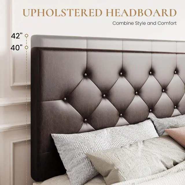 Alt view image 4 of 7 - Upholstered Queen Size Platform Bed Frame with 4 Storage Drawers, Adjustable Headboard with Diamond Stitched Button Tufted Design, Wooden Slat Support, No Box Spring Needed, Black Brown
