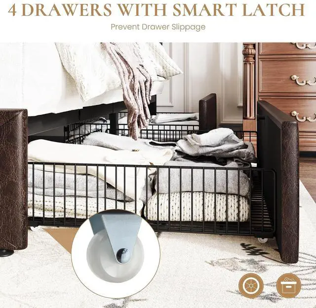 Alt view image 5 of 7 - Upholstered Queen Size Platform Bed Frame with 4 Storage Drawers, Adjustable Headboard with Diamond Stitched Button Tufted Design, Wooden Slat Support, No Box Spring Needed, Black Brown