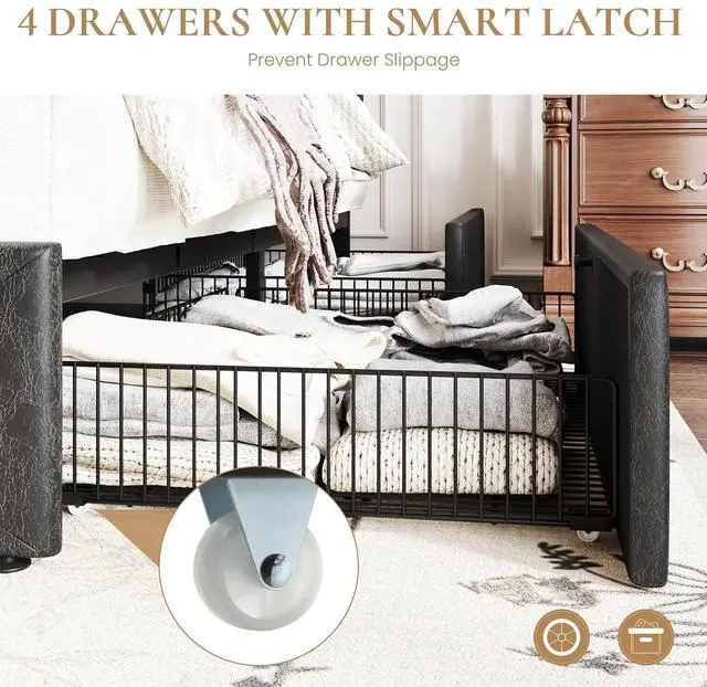 Alt view image 5 of 7 - Upholstered Queen Platform Storage Bed Frame with 4 Drawers, Adjustable Headboard with Faux Leather Diamond Button Tufted Design, Wooden Slat Support, No Box Spring Needed, Black