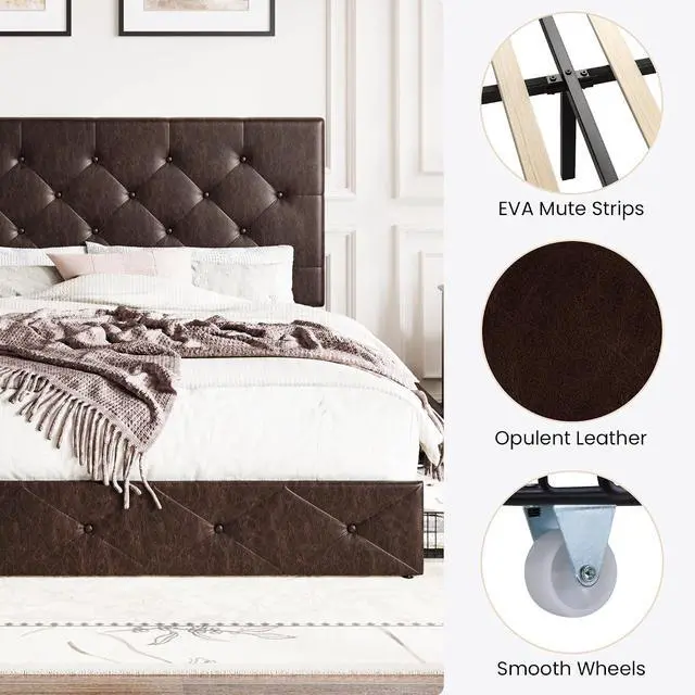 Alt view image 7 of 7 - Upholstered Queen Size Platform Bed Frame with 4 Storage Drawers, Adjustable Headboard with Diamond Stitched Button Tufted Design, Wooden Slat Support, No Box Spring Needed, Black Brown