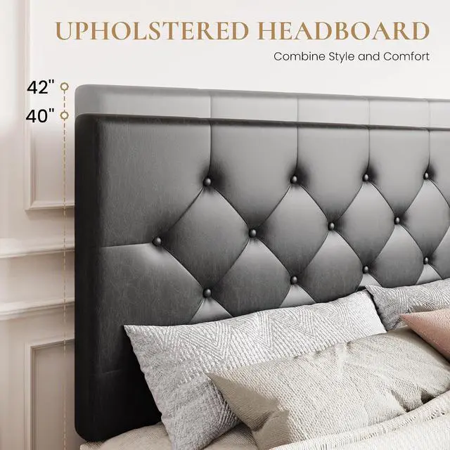 Alt view image 4 of 7 - Upholstered Queen Platform Storage Bed Frame with 4 Drawers, Adjustable Headboard with Faux Leather Diamond Button Tufted Design, Wooden Slat Support, No Box Spring Needed, Black