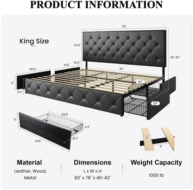 Alt view image 2 of 7 - Upholstered King Platform Storage Bed Frame with 4 Drawers, Adjustable Headboard with Faux Leather Diamond Button Tufted Design, Wooden Slat Support, No Box Spring Needed, Black