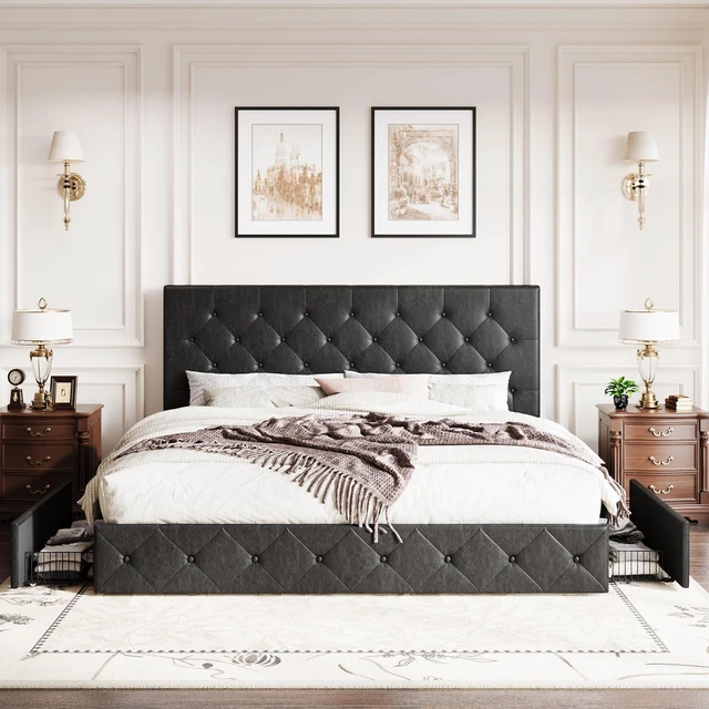 Alt view image 3 of 7 - Upholstered King Platform Storage Bed Frame with 4 Drawers, Adjustable Headboard with Faux Leather Diamond Button Tufted Design, Wooden Slat Support, No Box Spring Needed, Black