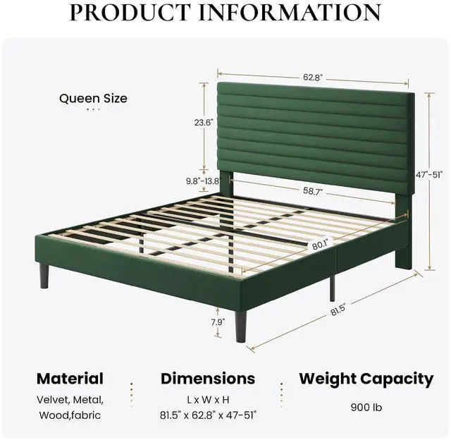 Alt view image 2 of 7 - Queen Size Platform Bed Frame with Adjustable Headboard, Velvet Upholstered Bed with Under-Bed Storage, Modern Horizontal Channel Tufted, Wood Slats Support, No Box Spring Needed, Green