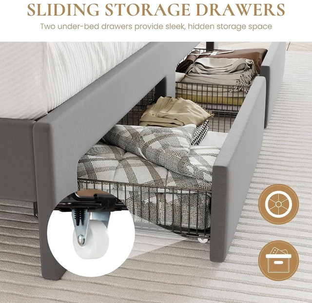 Alt view image 5 of 7 - Velvet King Size Bed Frame with Vertical Channel Tufted Wingback Headboard & 2 Storage Drawers/2-Tier Shelves with LED Lights & Charging Station/Noise-Free/No Box Spring Needed/Light Grey