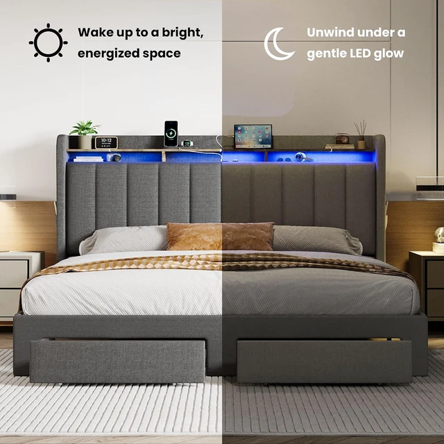 Alt view image 7 of 7 - King Size Platform Bed Frame with Vertical Channel Tufted Wingback Headboard & 2 Storage Drawers/2-Tier Shelves with LED Lights & Charging Station/Noise-Free/No Box Spring Needed/Dark Grey