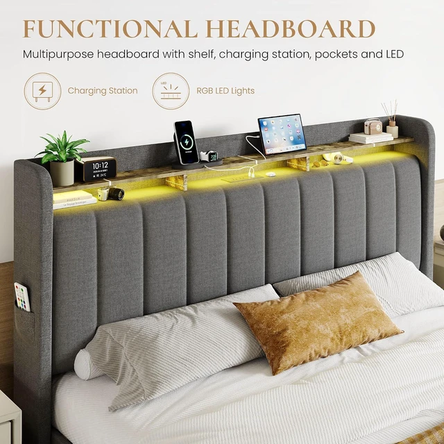 Alt view image 4 of 7 - King Size Platform Bed Frame with Vertical Channel Tufted Wingback Headboard & 2 Storage Drawers/2-Tier Shelves with LED Lights & Charging Station/Noise-Free/No Box Spring Needed/Dark Grey