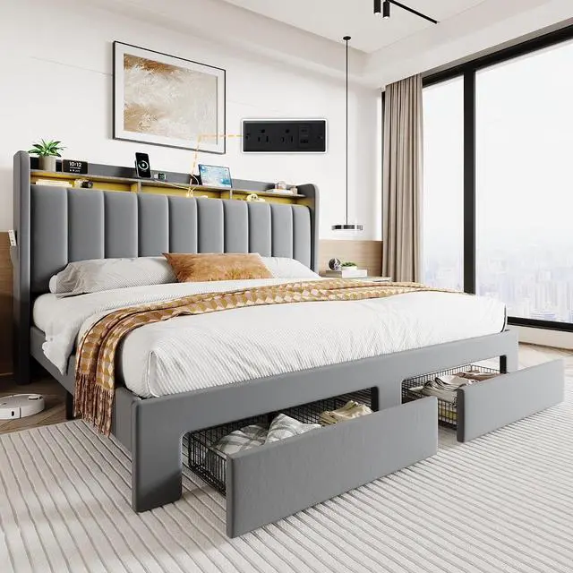 Main image of Velvet King Size Bed Frame with Vertical Channel Tufted Wingback Headboard & 2 Storage Drawers/2-Tier Shelves with LED Lights & Charging Station/Noise-Free/No Box Spring Needed/Light Grey