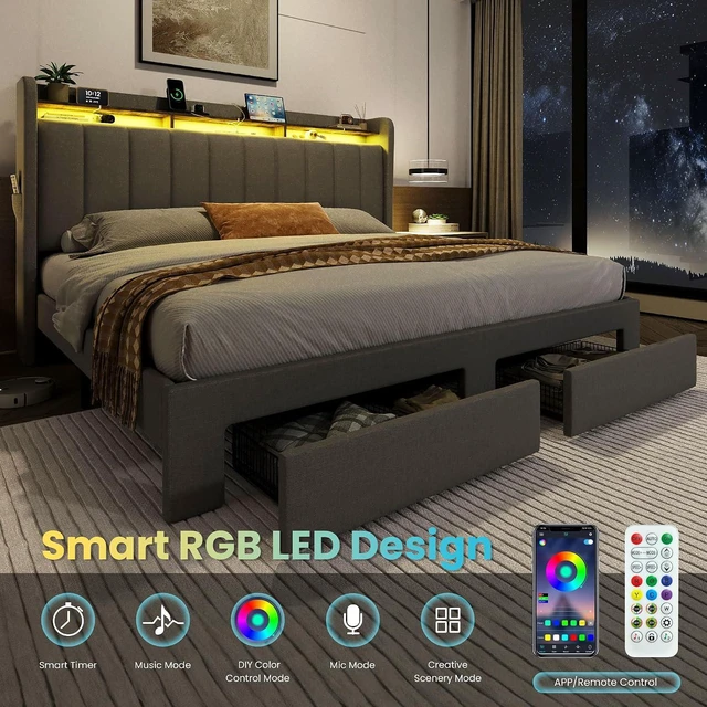 Alt view image 6 of 7 - King Size Platform Bed Frame with Vertical Channel Tufted Wingback Headboard & 2 Storage Drawers/2-Tier Shelves with LED Lights & Charging Station/Noise-Free/No Box Spring Needed/Dark Grey