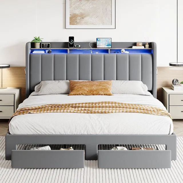 Alt view image 3 of 7 - Velvet King Size Bed Frame with Vertical Channel Tufted Wingback Headboard & 2 Storage Drawers/2-Tier Shelves with LED Lights & Charging Station/Noise-Free/No Box Spring Needed/Light Grey