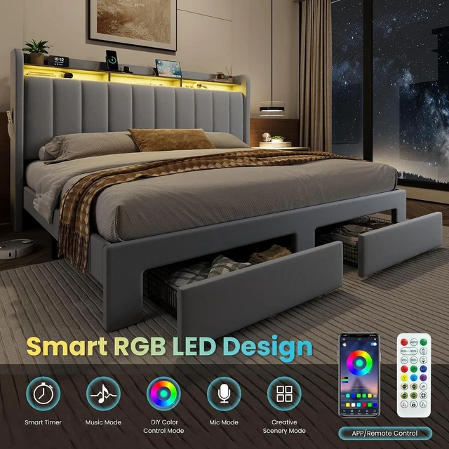Alt view image 6 of 7 - Velvet King Size Bed Frame with Vertical Channel Tufted Wingback Headboard & 2 Storage Drawers/2-Tier Shelves with LED Lights & Charging Station/Noise-Free/No Box Spring Needed/Light Grey