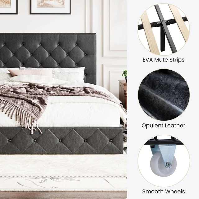 Alt view image 7 of 7 - Upholstered King Platform Storage Bed Frame with 4 Drawers, Adjustable Headboard with Faux Leather Diamond Button Tufted Design, Wooden Slat Support, No Box Spring Needed, Black