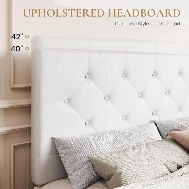 Alt view image 4 of 7 - Upholstered Queen Platform Storage Bed Frame with 4 Drawers, Adjustable Headboard with Faux Leather Diamond Button Tufted Design, Wooden Slat Support, No Box Spring Needed, White