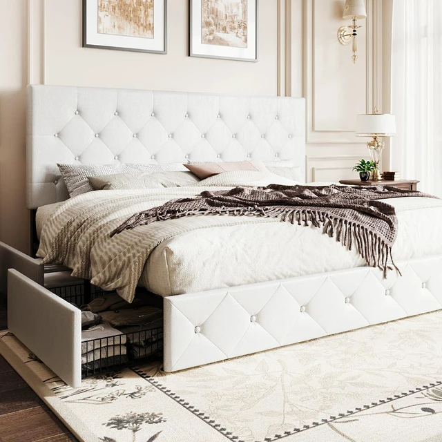 Main image of Upholstered King Platform Storage Bed Frame with 4 Drawers, Adjustable Headboard with Faux Leather Diamond Button Tufted Design, Wooden Slat Support, No Box Spring Needed, White