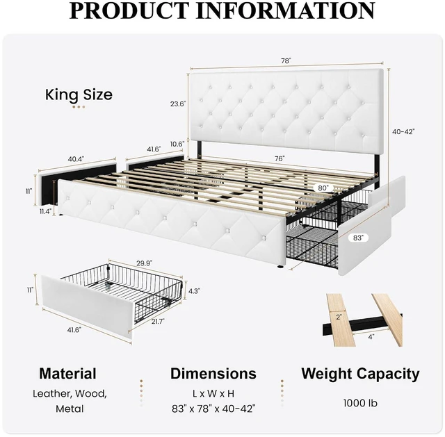 Alt view image 2 of 7 - Upholstered King Platform Storage Bed Frame with 4 Drawers, Adjustable Headboard with Faux Leather Diamond Button Tufted Design, Wooden Slat Support, No Box Spring Needed, White