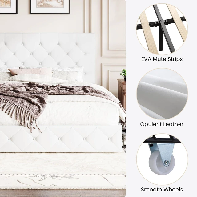 Alt view image 7 of 7 - Upholstered King Platform Storage Bed Frame with 4 Drawers, Adjustable Headboard with Faux Leather Diamond Button Tufted Design, Wooden Slat Support, No Box Spring Needed, White