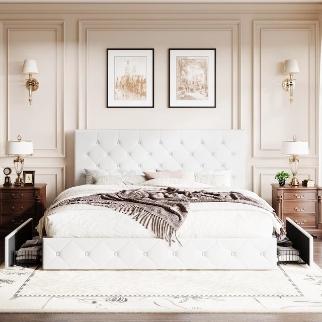 Alt view image 3 of 7 - Upholstered King Platform Storage Bed Frame with 4 Drawers, Adjustable Headboard with Faux Leather Diamond Button Tufted Design, Wooden Slat Support, No Box Spring Needed, White