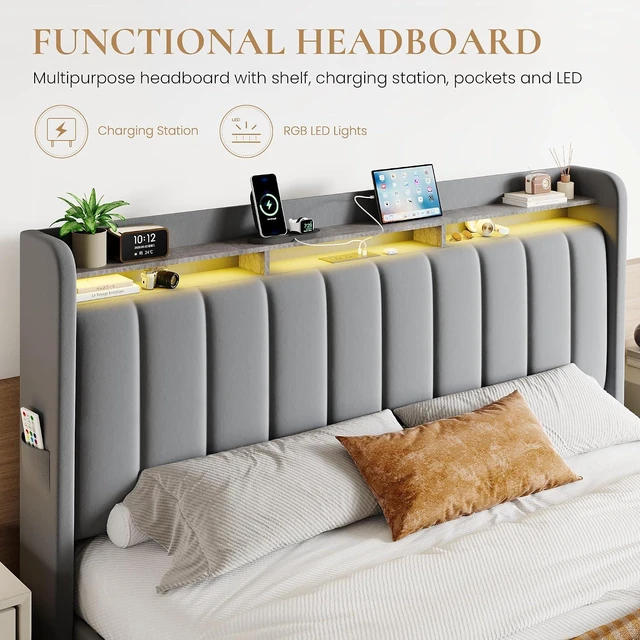 Alt view image 4 of 7 - Velvet King Size Bed Frame with Vertical Channel Tufted Wingback Headboard & 2 Storage Drawers/2-Tier Shelves with LED Lights & Charging Station/Noise-Free/No Box Spring Needed/Light Grey