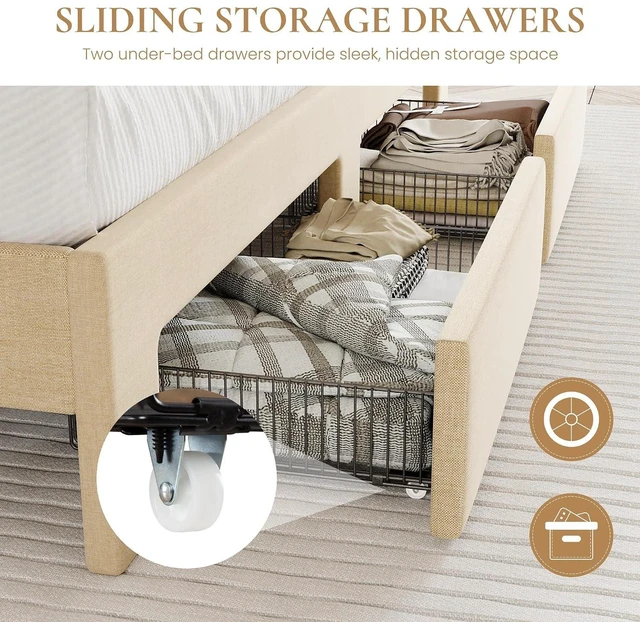 Alt view image 5 of 7 - King Size Platform Bed Frame with Vertical Channel Tufted Wingback Headboard & 2 Storage Drawers/2-Tier Shelves with LED Lights & Charging Station/Noise-Free/No Box Spring Needed/Beige