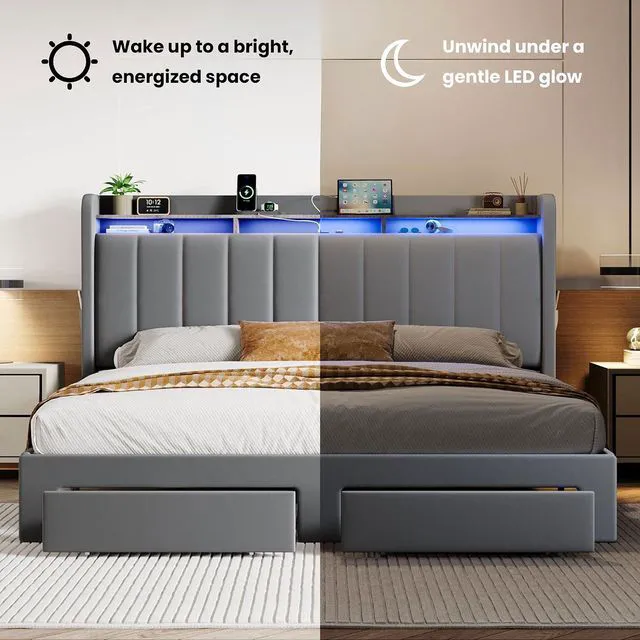 Alt view image 7 of 7 - Velvet King Size Bed Frame with Vertical Channel Tufted Wingback Headboard & 2 Storage Drawers/2-Tier Shelves with LED Lights & Charging Station/Noise-Free/No Box Spring Needed/Light Grey
