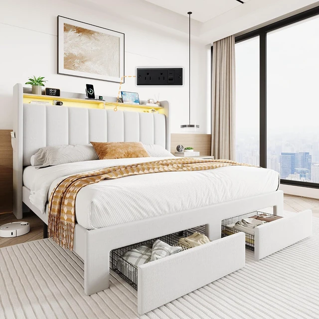 Main image of Velvet Full Size Bed Frame with Vertical Channel Tufted Wingback Headboard & 2 Storage Drawers/2-Tier Shelves with LED Lights & Charging Station/Noise-Free/No Box Spring Needed/White