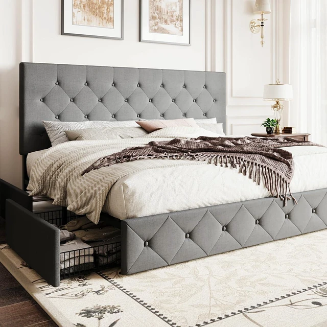 Main image of Upholstered King Size Platform Bed Frame with 4 Storage Drawers, Adjustable Headboard with Diamond Stitched Button Tufted Design, Wooden Slat Support, No Box Spring Needed, Light Grey
