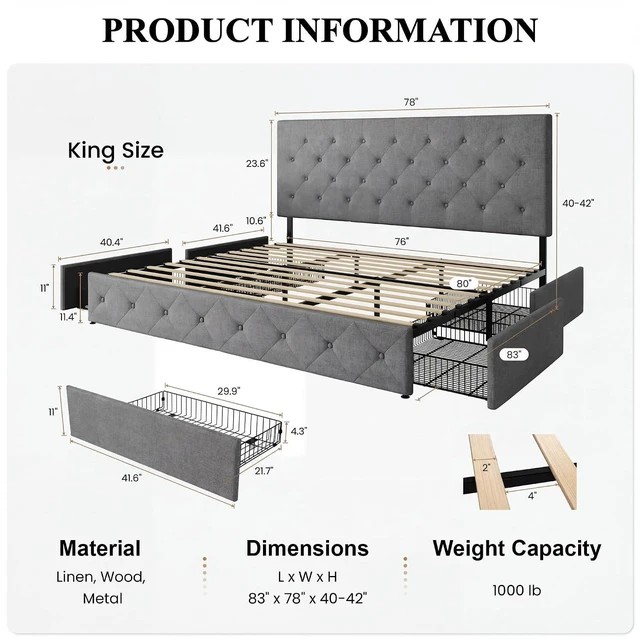 Alt view image 2 of 7 - Upholstered King Size Platform Bed Frame with 4 Storage Drawers, Adjustable Headboard with Diamond Stitched Button Tufted Design, Wooden Slat Support, No Box Spring Needed, Light Grey
