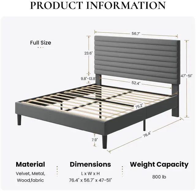 Alt view image 2 of 7 - Full Size Platform Bed Frame with Adjustable Headboard, Velvet Upholstered Bed with Under-Bed Storage, Modern Horizontal Channel Tufted, Wood Slats Support, No Box Spring Needed, Grey