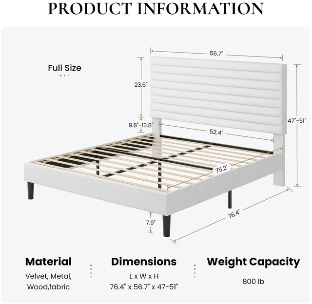 Alt view image 2 of 7 - Full Size Platform Bed Frame with Adjustable Headboard, Velvet Upholstered Bed with Under-Bed Storage, Modern Horizontal Channel Tufted, Wood Slats Support, No Box Spring Needed, White