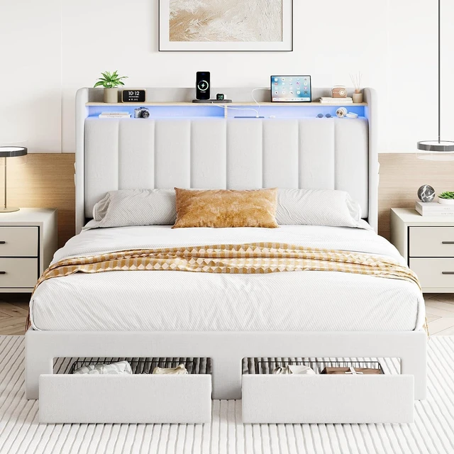 Alt view image 3 of 7 - Velvet Full Size Bed Frame with Vertical Channel Tufted Wingback Headboard & 2 Storage Drawers/2-Tier Shelves with LED Lights & Charging Station/Noise-Free/No Box Spring Needed/White