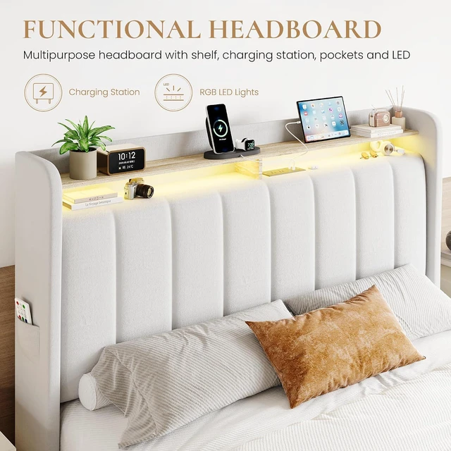 Alt view image 4 of 7 - Velvet Full Size Bed Frame with Vertical Channel Tufted Wingback Headboard & 2 Storage Drawers/2-Tier Shelves with LED Lights & Charging Station/Noise-Free/No Box Spring Needed/White
