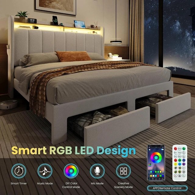 Alt view image 6 of 7 - Velvet Full Size Bed Frame with Vertical Channel Tufted Wingback Headboard & 2 Storage Drawers/2-Tier Shelves with LED Lights & Charging Station/Noise-Free/No Box Spring Needed/White